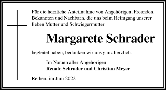 Traueranzeige von Margarete Schrader von Hannoversche Allgemeine Zeitung/Neue Presse