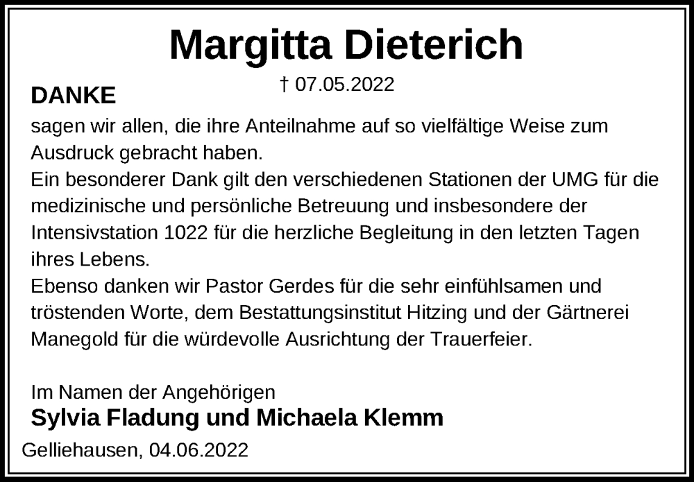  Traueranzeige für Margitta Dieterich vom 04.06.2022 aus Göttinger Tageblatt