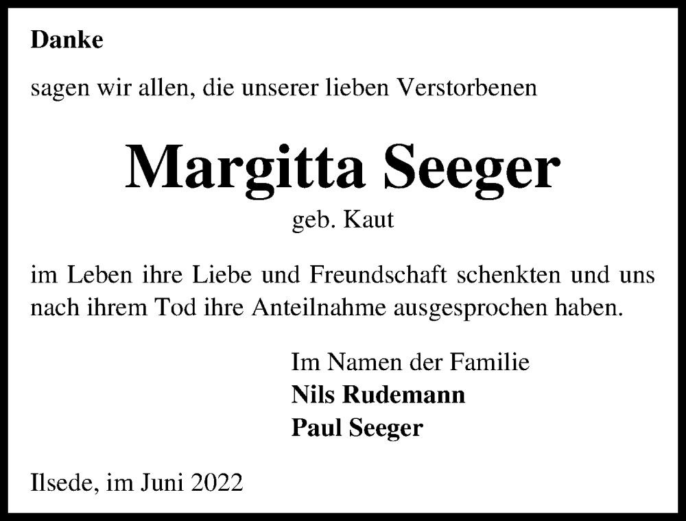  Traueranzeige für Margitta Seeger vom 18.06.2022 aus Peiner Allgemeine Zeitung