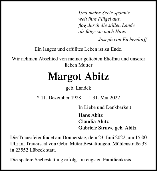 Traueranzeige von Margot Abitz von Lübecker Nachrichten