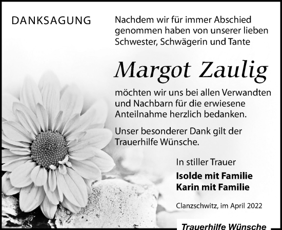 Traueranzeige von Margot Zaulig von Leipziger Volkszeitung