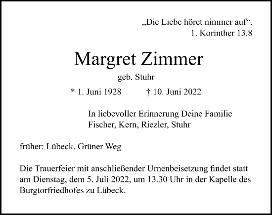 Traueranzeige von Margret Zimmer von Lübecker Nachrichten