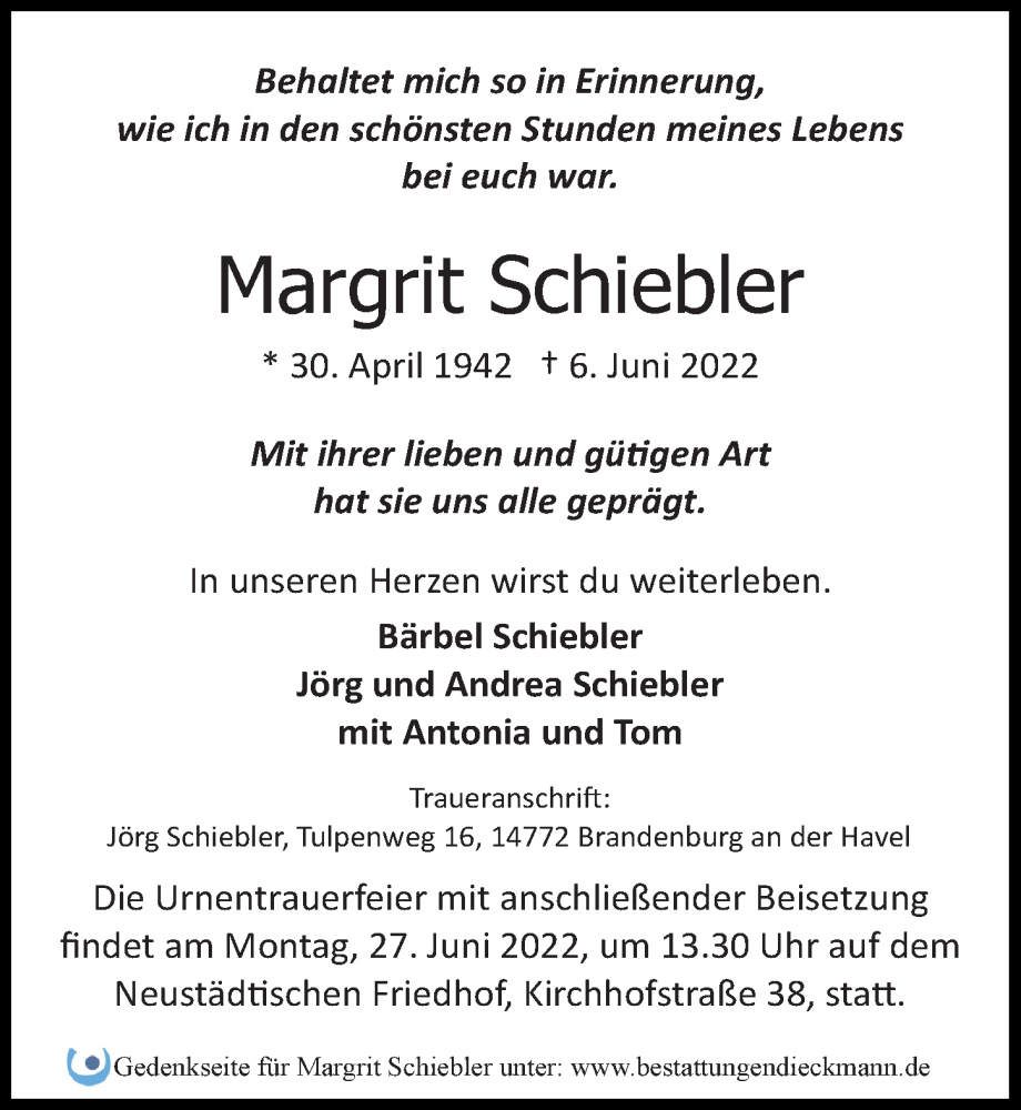  Traueranzeige für Margrit Schiebler vom 11.06.2022 aus Märkischen Allgemeine Zeitung