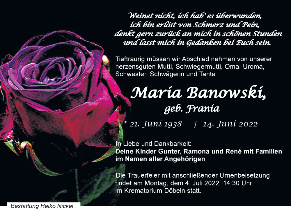  Traueranzeige für Maria Banowski vom 18.06.2022 aus Leipziger Volkszeitung