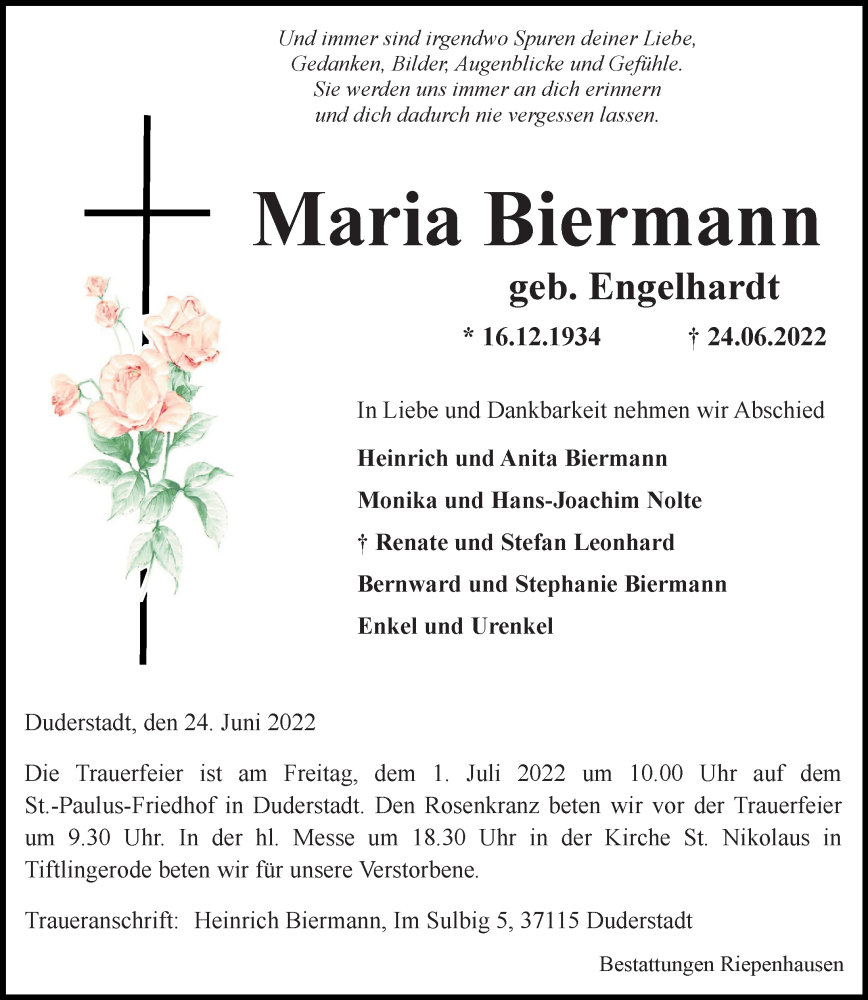  Traueranzeige für Maria Biermann vom 28.06.2022 aus Eichsfelder Tageblatt