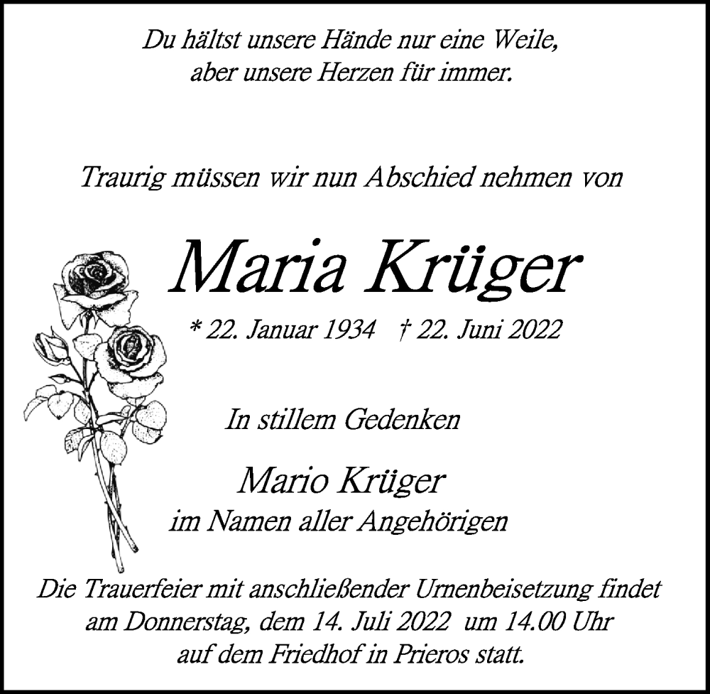  Traueranzeige für Maria Krüger vom 25.06.2022 aus Märkischen Allgemeine Zeitung