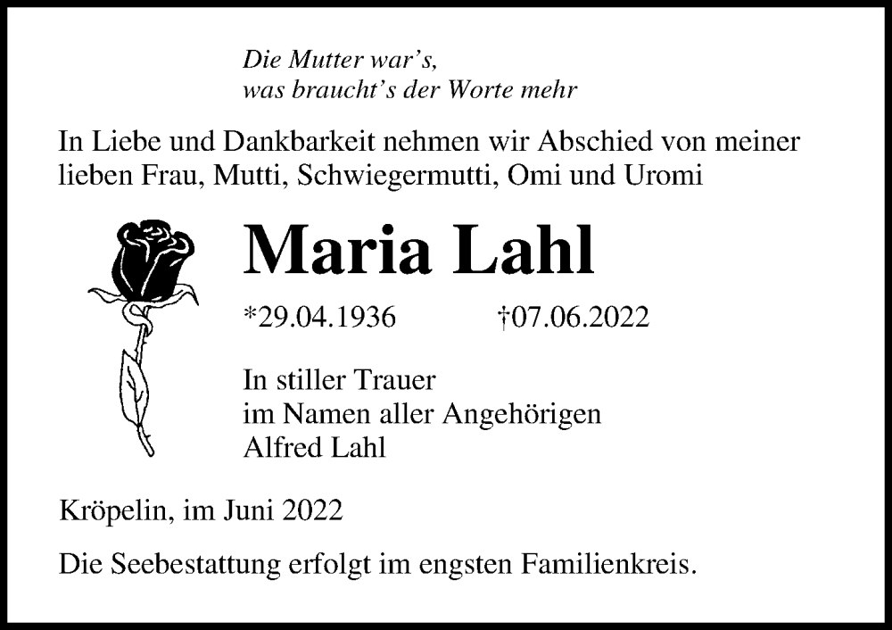  Traueranzeige für Maria Lahl vom 11.06.2022 aus Ostsee-Zeitung GmbH