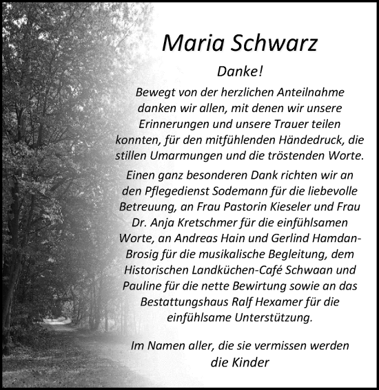 Traueranzeige von Maria Schwarz von Ostsee-Zeitung GmbH