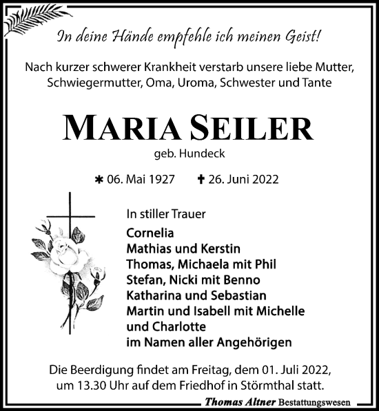 Traueranzeige von Maria Seiler von Leipziger Volkszeitung