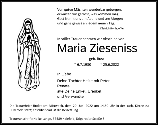 Traueranzeige von Maria Zieseniss von Eichsfelder Tageblatt