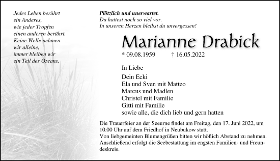 Traueranzeige von Marianne Drabick von Ostsee-Zeitung GmbH