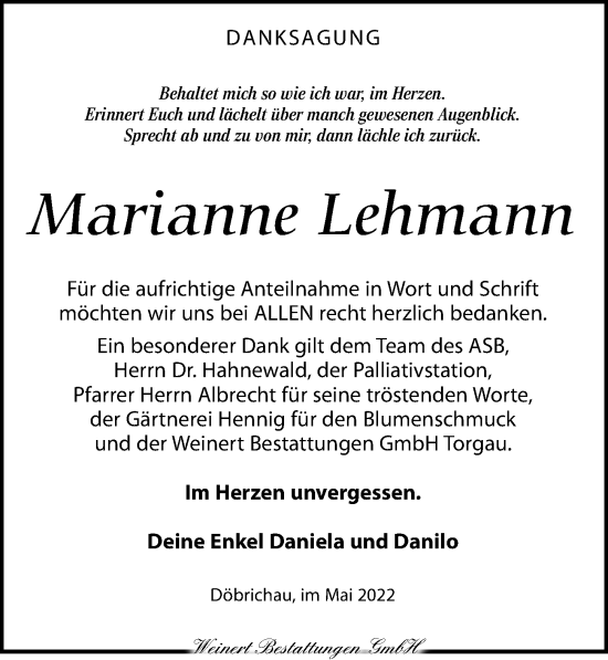 Traueranzeige von Marianne Lehmann von Torgauer Zeitung