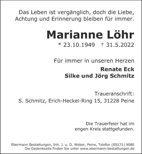 Traueranzeige von Marianne Löhr von Peiner Allgemeine Zeitung