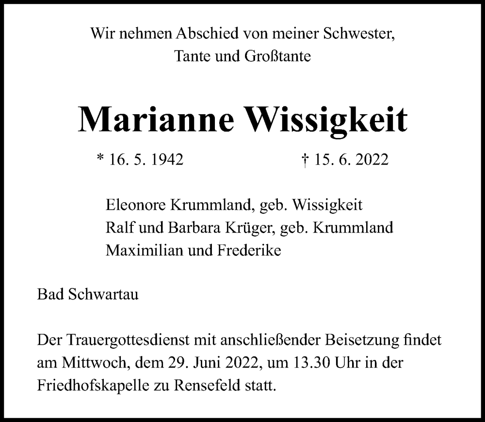  Traueranzeige für Marianne Wissigkeit vom 26.06.2022 aus Lübecker Nachrichten