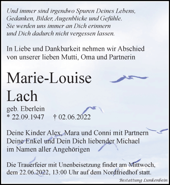 Traueranzeige von Marie-Louise Lach von Leipziger Volkszeitung