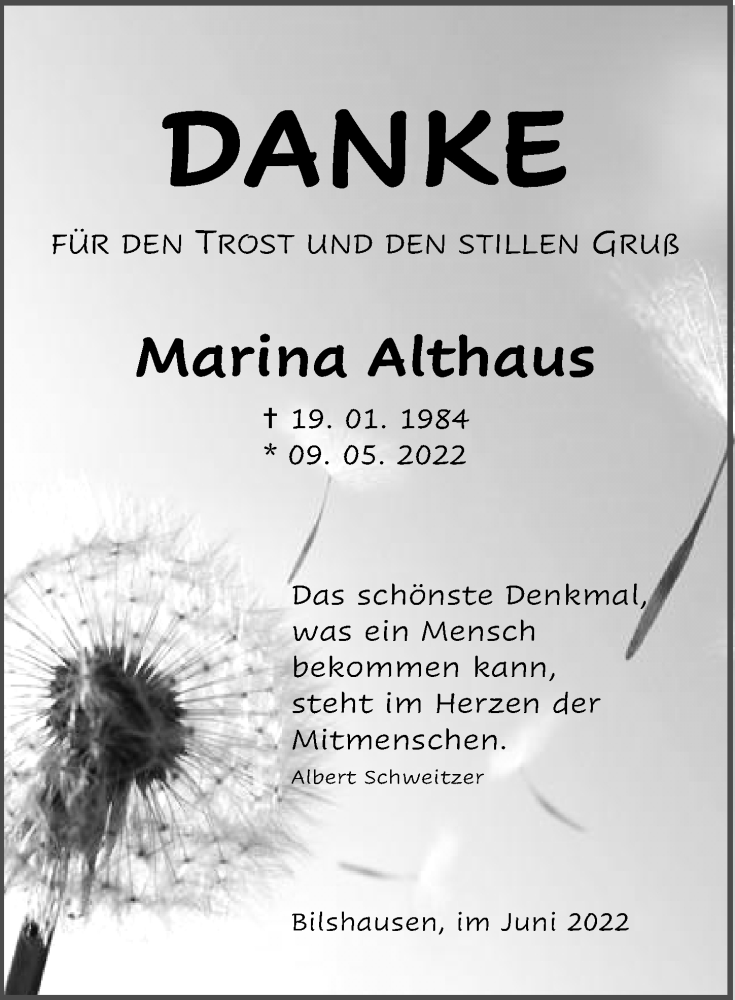  Traueranzeige für Marina Althaus vom 04.06.2022 aus Eichsfelder Tageblatt