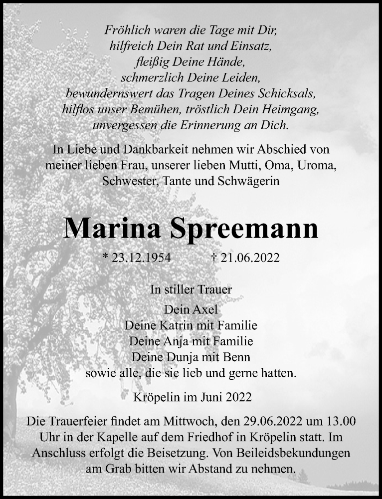  Traueranzeige für Marina Spreemann vom 25.06.2022 aus Ostsee-Zeitung GmbH