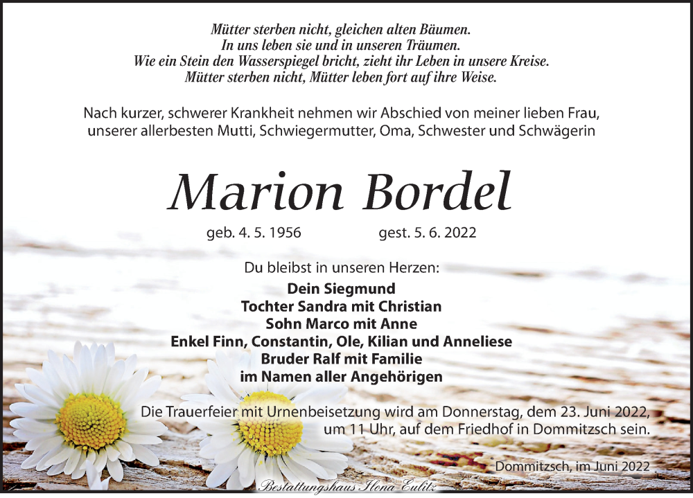  Traueranzeige für Marion Bordel vom 11.06.2022 aus Torgauer Zeitung