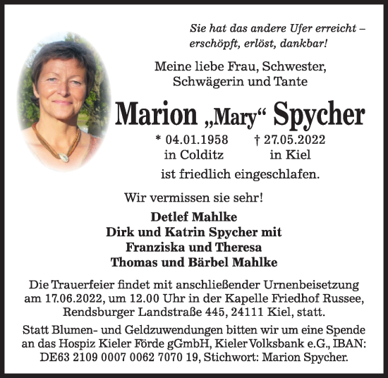 Traueranzeige von Marion Spycher von Kieler Nachrichten
