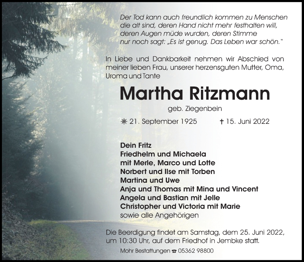  Traueranzeige für Martha Ritzmann vom 18.06.2022 aus Aller Zeitung