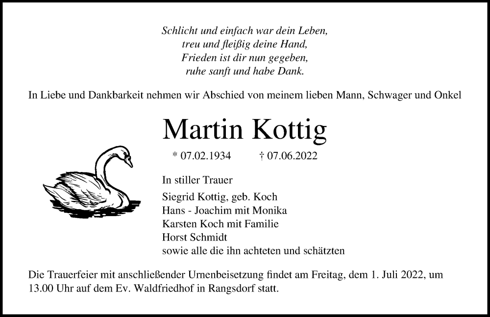  Traueranzeige für Martin Kottig vom 18.06.2022 aus Märkischen Allgemeine Zeitung