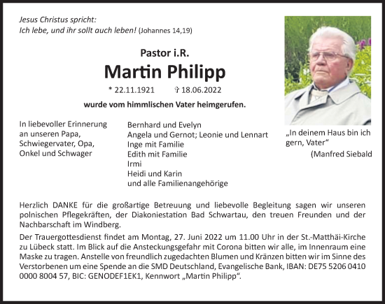 Traueranzeige von Martin Philipp von Lübecker Nachrichten