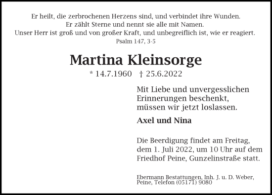 Traueranzeige von Martina Kleinsorge von Peiner Allgemeine Zeitung