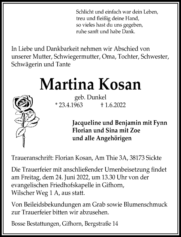  Traueranzeige für Martina Kosan vom 18.06.2022 aus Aller Zeitung