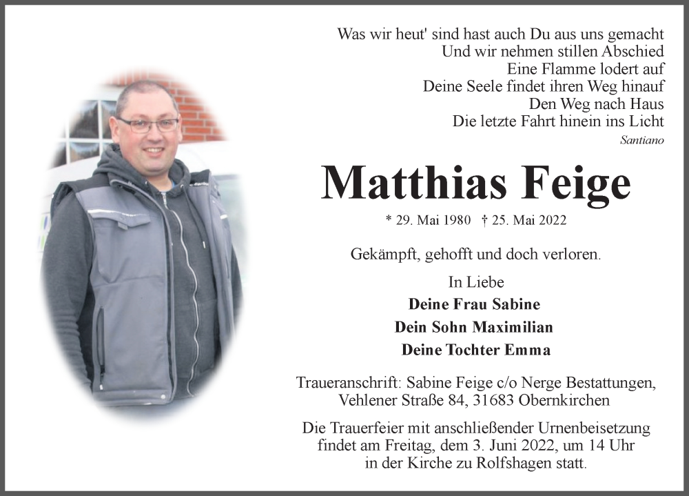 Traueranzeige für Matthias Feige vom 01.06.2022 aus Schaumburger Nachrichten