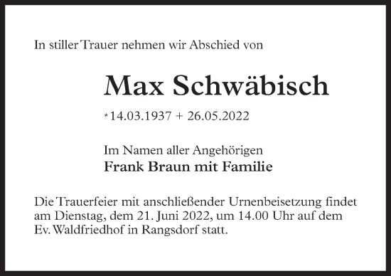 Traueranzeige von Max Schwäbisch von Märkischen Allgemeine Zeitung