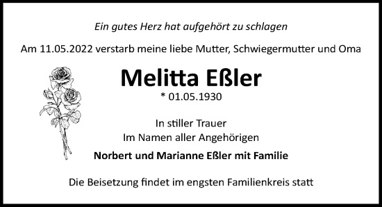 Traueranzeige von Melitta Eßler von Märkischen Allgemeine Zeitung