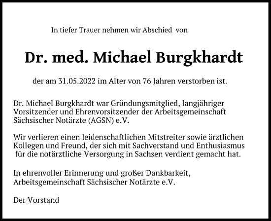 Traueranzeige von Michael Burgkhardt von Leipziger Volkszeitung