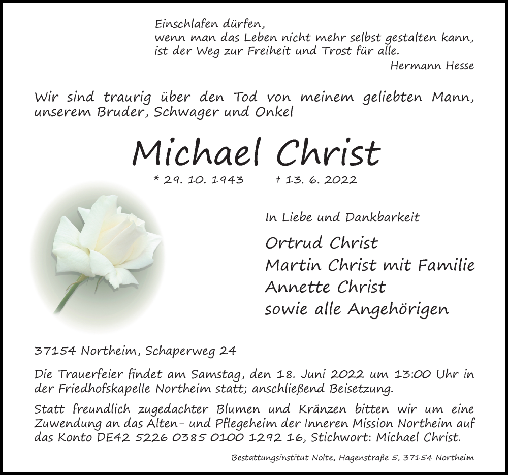  Traueranzeige für Michael Christ vom 16.06.2022 aus Göttinger Tageblatt