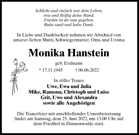 Traueranzeige von Monika Hanstein von Märkischen Allgemeine Zeitung