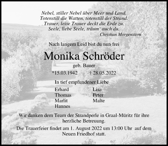 Traueranzeige von Monika Schröder von Ostsee-Zeitung GmbH