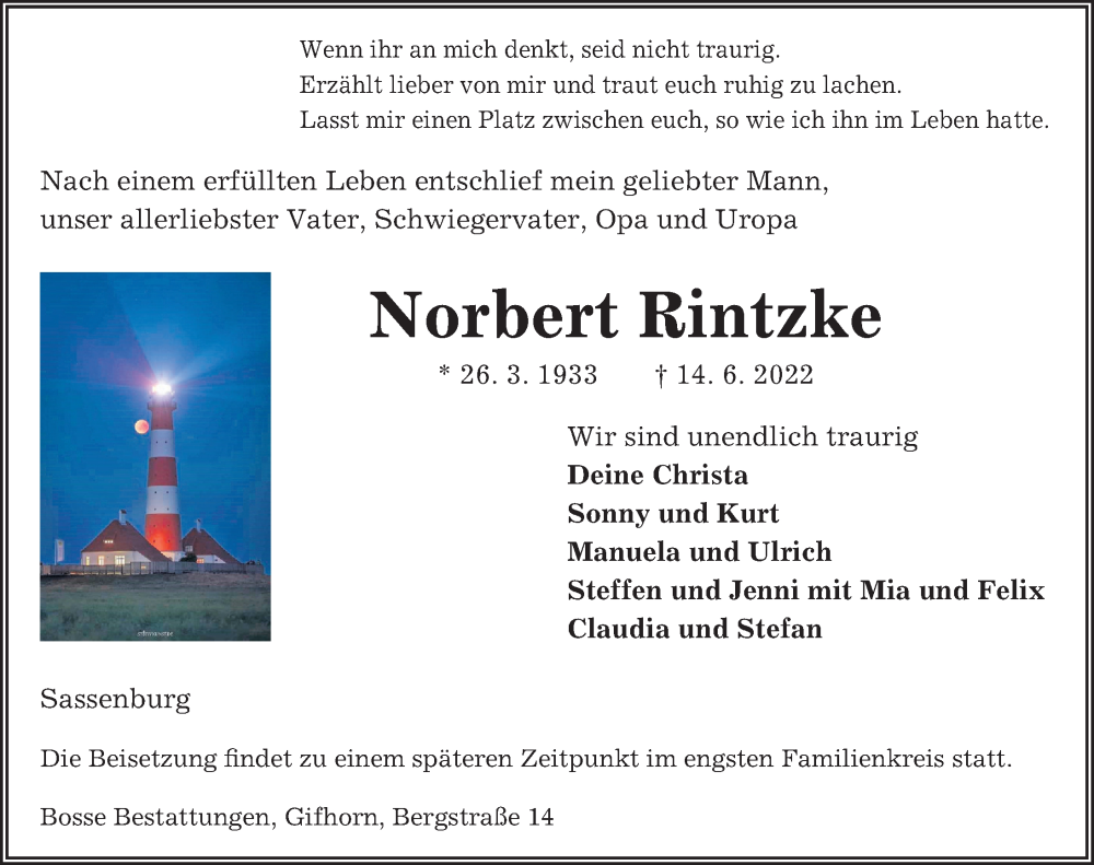  Traueranzeige für Norbert Rintzke vom 18.06.2022 aus Aller Zeitung