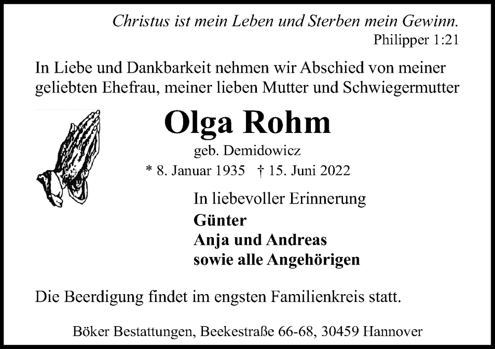  Traueranzeige für Olga Rohm vom 18.06.2022 aus Hannoversche Allgemeine Zeitung/Neue Presse
