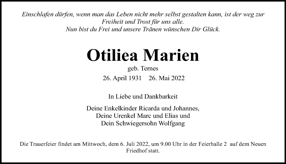  Traueranzeige für Otiliea Marien vom 11.06.2022 aus Ostsee-Zeitung GmbH