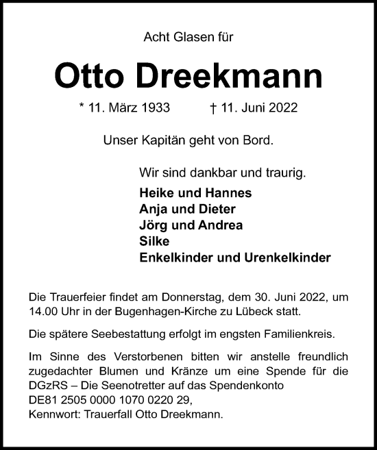 Traueranzeige von Otto Dreekmann von Lübecker Nachrichten