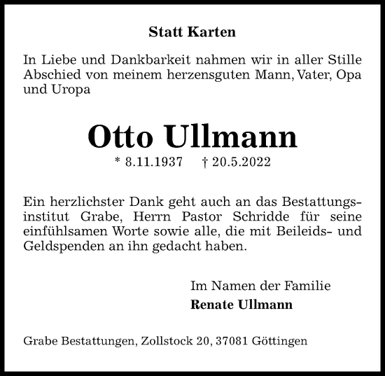 Traueranzeige von Otto Ullmann von Göttinger Tageblatt