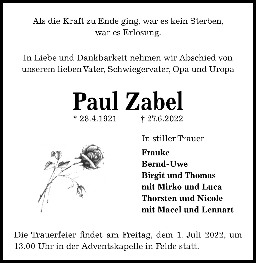  Traueranzeige für Paul Zabel vom 30.06.2022 aus Kieler Nachrichten
