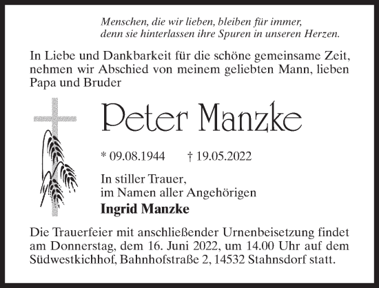 Traueranzeige von Peter Manzke von Märkischen Allgemeine Zeitung