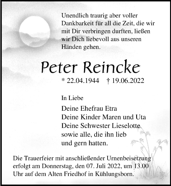 Traueranzeige von Peter Reincke von Ostsee-Zeitung GmbH