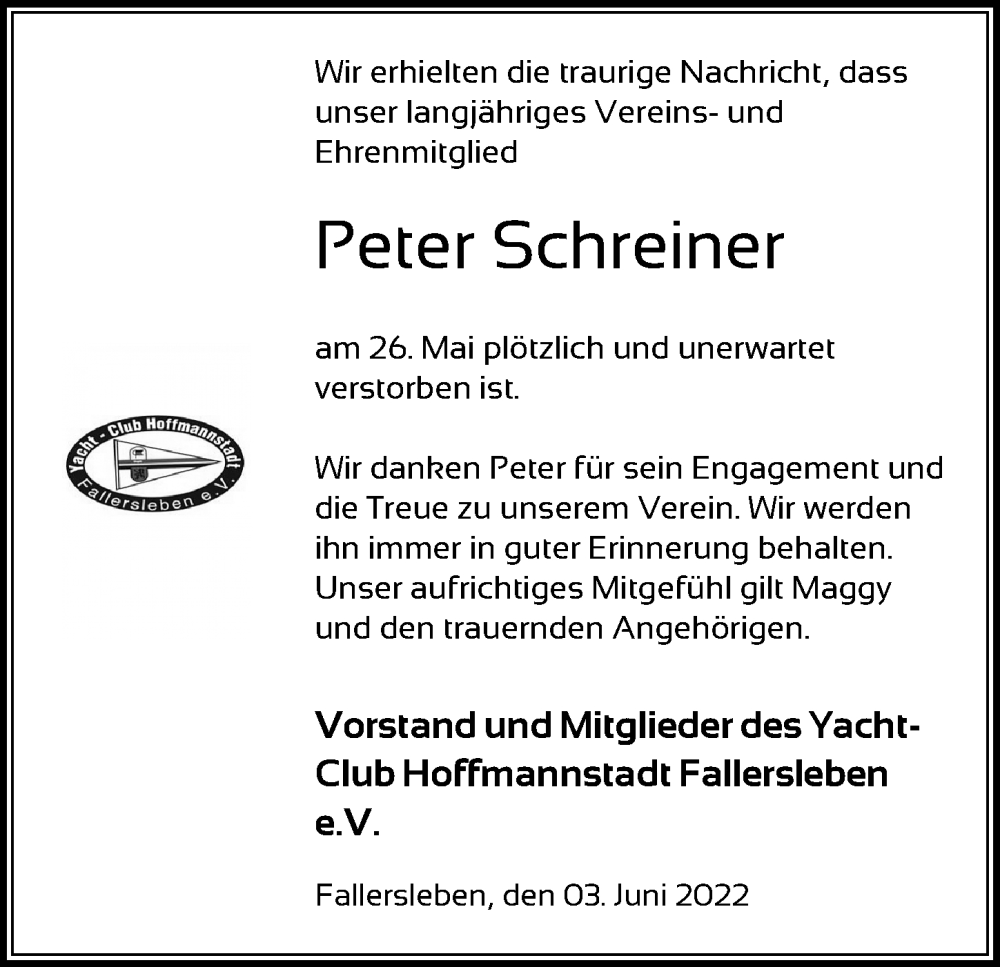  Traueranzeige für Peter Schreiner vom 03.06.2022 aus Aller Zeitung