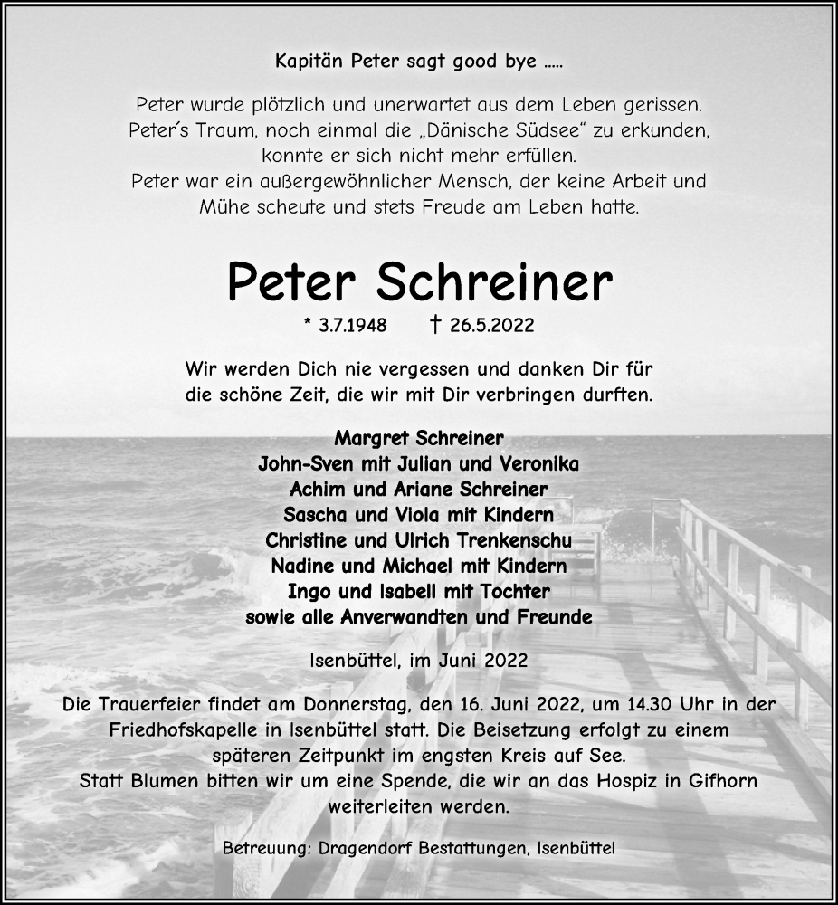  Traueranzeige für Peter Schreiner vom 04.06.2022 aus Aller Zeitung