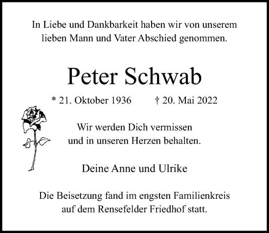 Traueranzeige von Peter Schwab von Lübecker Nachrichten