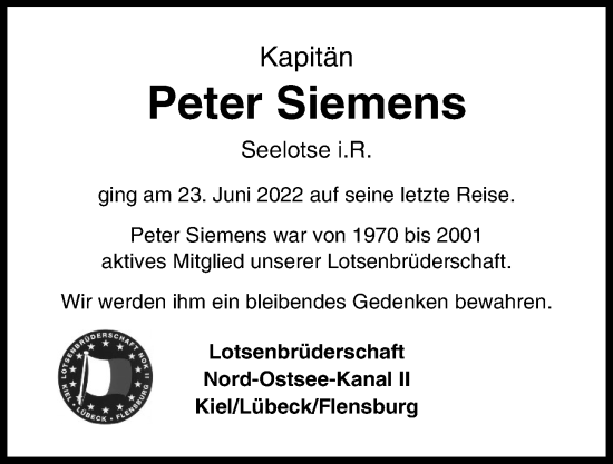 Traueranzeige von Peter Siemens von Kieler Nachrichten