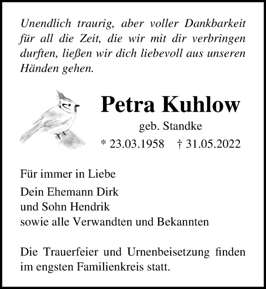 Traueranzeige von Petra Kuhlow von Ostsee-Zeitung GmbH