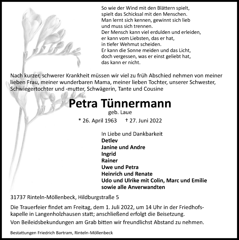  Traueranzeige für Petra Tünnermann vom 29.06.2022 aus Schaumburger Nachrichten