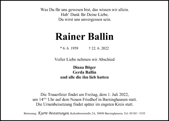 Traueranzeige von Rainer Ballin von Hannoversche Allgemeine Zeitung/Neue Presse